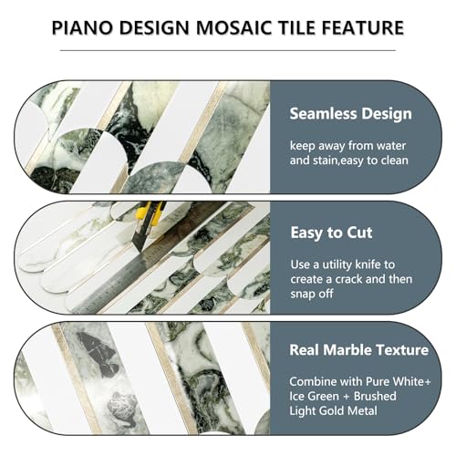 Vamos Tile Peel and Stick Backsplash Seamless Tile,10-Sheets Stick on Backsplash for Kitchen and Bathroom, Pure White+Ice Green Marble+Light Gold PVC Self Adhesive Mosaic Tiles - Image 5