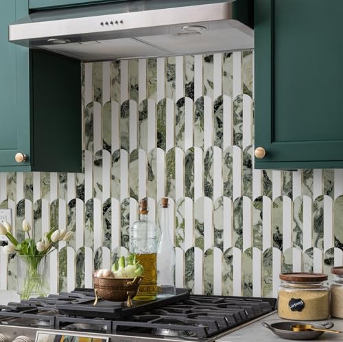 Vamos Tile Peel and Stick Backsplash Seamless Tile,10-Sheets Stick on Backsplash for Kitchen and Bathroom, Pure White+Ice Green Marble+Light Gold PVC Self Adhesive Mosaic Tiles - Image 2