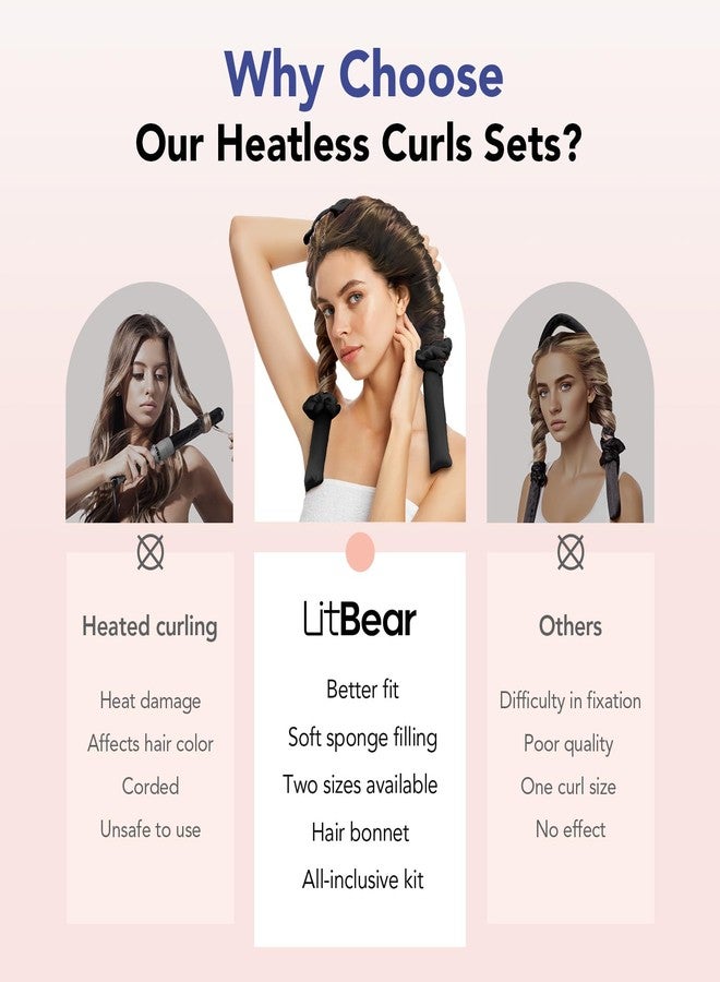 LitBear Heatless Curls Overnight, 2 Sizes of Soft Hair Rollers for Women with Bonnet to Sleep In, No Heat Hair Curlers Set with Scrunchies and Clips, for Long and Medium Hair (Black) - Image 4