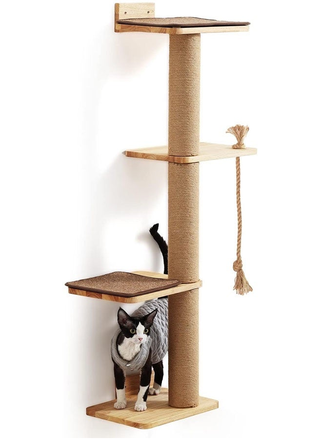 L&E Cat Scratching Activity Tree Wall Mounted, 50 Inch Cats Scratch Post, with Kitten Bed, Rubber Wood Scratcher Posts, Large - Image 1