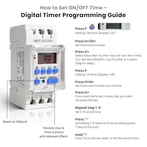 SENSILUX Programmable Digital Timer Switch 30A | Daily & Weekly Time Relay Controller | DIN Rail Mount | LCD Display Automatic ON Off Timer | 30A / 240V AC Includes Battery Backup - Image 3