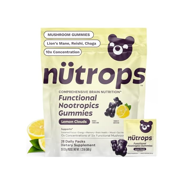 Grüns Nutrops Lions Mane Mushroom Gummies for Adults, Functional Nootropics, Herbal Brain Supplement for Energy, Brain Health, Cognitive, Memory & Focus, Reishi, Chaga, Cordyceps, Coriolus, 28 Count - Image 1
