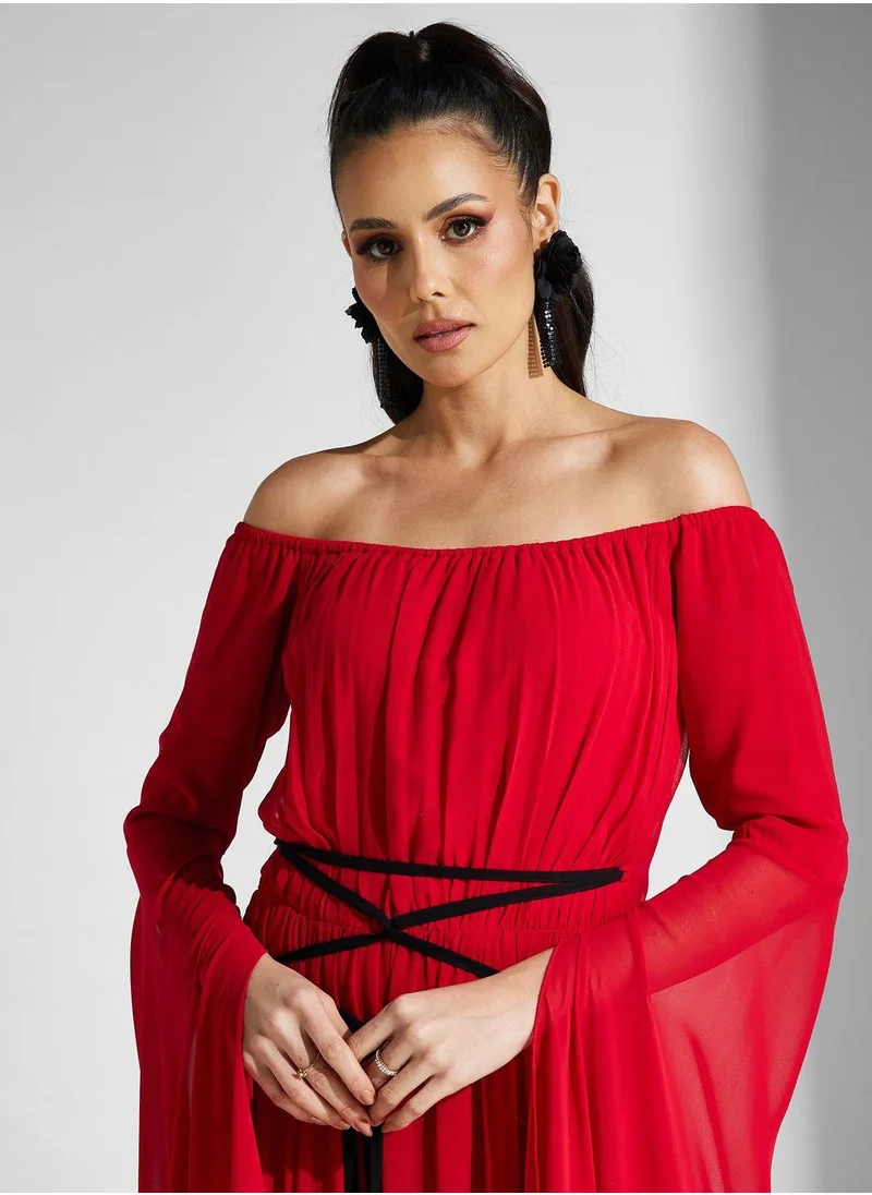 Golden Apple Off Shoulder Tiered Dress