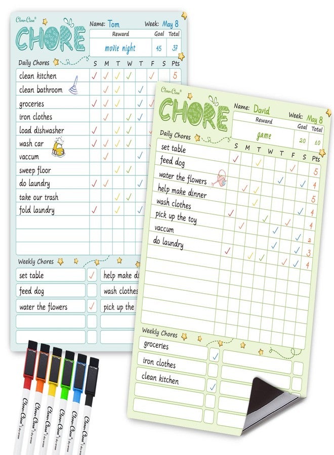 Clever Clean Magnetic Dry Erase Chore Chart - 8.5"x12" Behavior Responsibility Chore Board for Kids, Teenagers - 6 Extra Fine Point Markers Included - Shipped Flat 2 Pcs Blue & Green - Image 1
