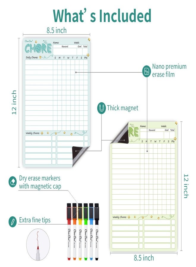 Clever Clean Magnetic Dry Erase Chore Chart - 8.5"x12" Behavior Responsibility Chore Board for Kids, Teenagers - 6 Extra Fine Point Markers Included - Shipped Flat 2 Pcs Blue & Green - Image 2