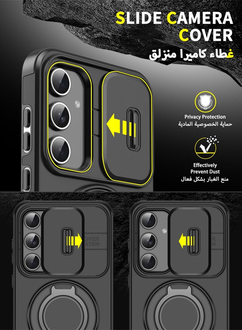 عش زي غلاف سامسونج جالكسي  A35/ A55 5G بغطاء كاميرا منزلق، ملمس ناعم، مغناطيس قوي جداً، حامل حلقة دوارة 360 درجة، حماية ضد الصدمات مع وسائد هوائية بارتفاع خفيف عند الزوايا، أسود، 1 قطعة - Image 2
