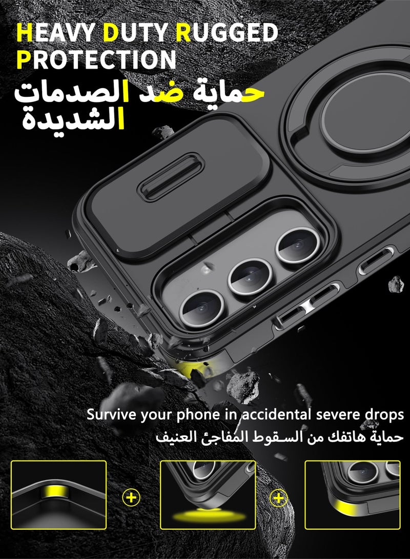 عش زي غلاف سامسونج جالكسي  A35/ A55 5G بغطاء كاميرا منزلق، ملمس ناعم، مغناطيس قوي جداً، حامل حلقة دوارة 360 درجة، حماية ضد الصدمات مع وسائد هوائية بارتفاع خفيف عند الزوايا، أسود، 1 قطعة - Image 3