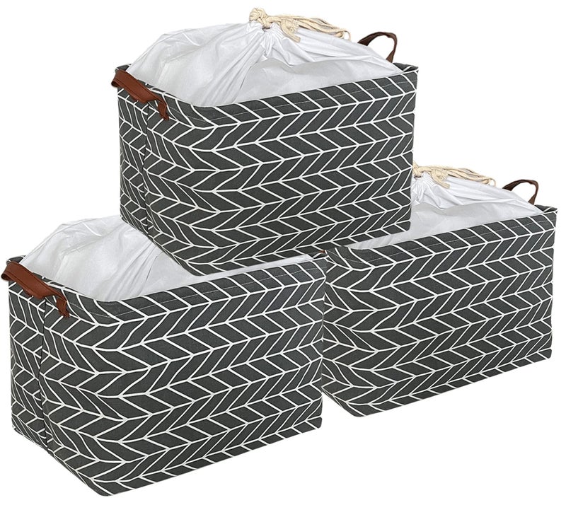 CLOCOR Rectangular Storage Basket,Collapsible Cute Pattern Storage Bin,Waterproof Coating Storage Box with Handles for Home Organization,Shelf Basket (3 Pack Grey Arrow) - Image 1