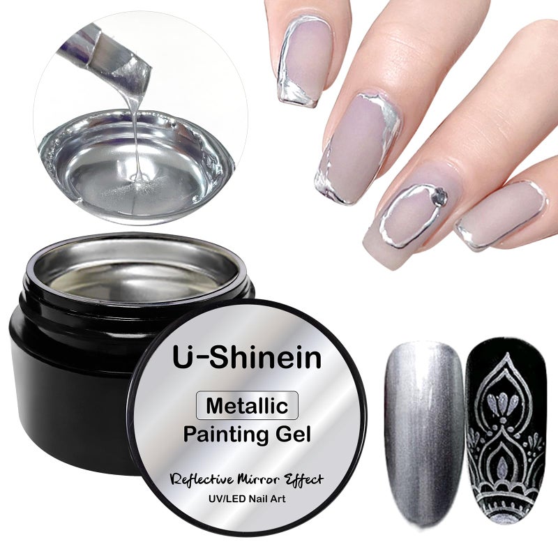 U-Shinein 8ml Metallic Painting Gel, Silver Painted Nail Polish, 3D Metal Painting Drawing Mirror Nail Gel Polish Glossy Soak Off UV/LED DIY Nail Art Manicure - Image 1