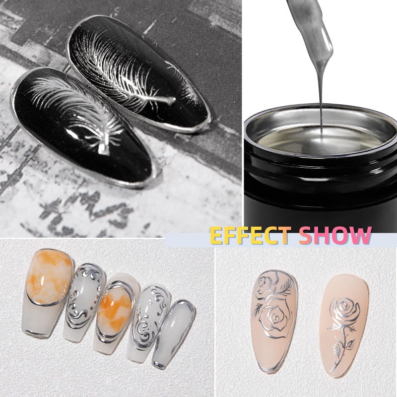U-Shinein 8ml Metallic Painting Gel, Silver Painted Nail Polish, 3D Metal Painting Drawing Mirror Nail Gel Polish Glossy Soak Off UV/LED DIY Nail Art Manicure - Image 3
