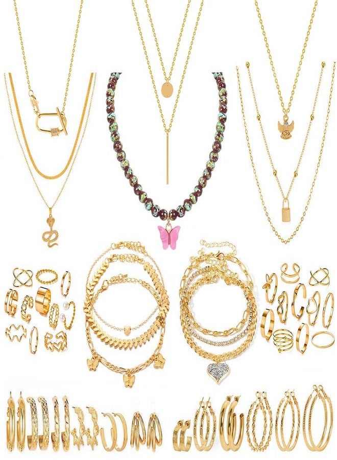 KOSMOS-LI 46pcs Golden Jewelry Set Fashion Costume Jewelry Necklaces, Bracelets, Rings, Earrings, Stocking Stuffers