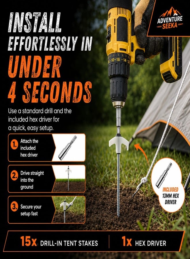 Adventure Seeka 15-Pack 8" Heavy Duty Screw in Tent Stakes, Drill-In Ground Anchor Pegs, Includes Hex Head Driver & Storage Bag - Image 2