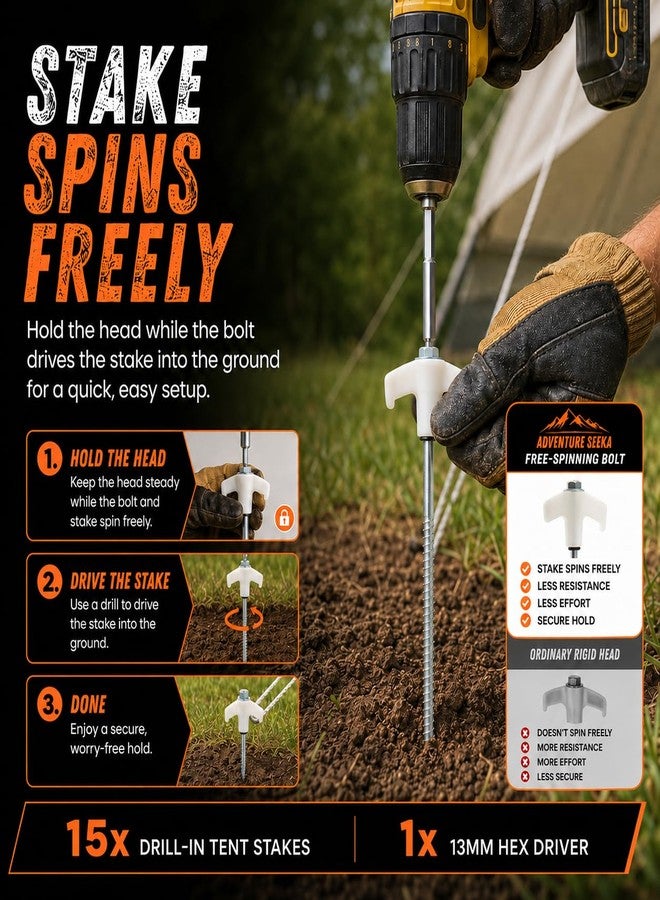 Adventure Seeka 15-Pack 8" Heavy Duty Screw in Tent Stakes, Drill-In Ground Anchor Pegs, Includes Hex Head Driver & Storage Bag - Image 4