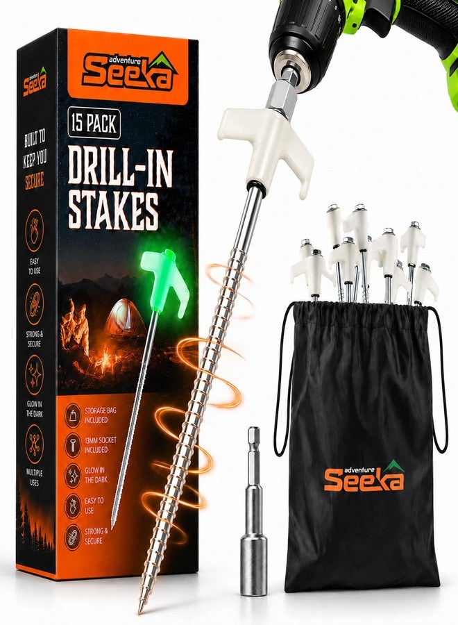 Adventure Seeka 15-Pack 8" Heavy Duty Screw in Tent Stakes, Drill-In Ground Anchor Pegs, Includes Hex Head Driver & Storage Bag - Image 1