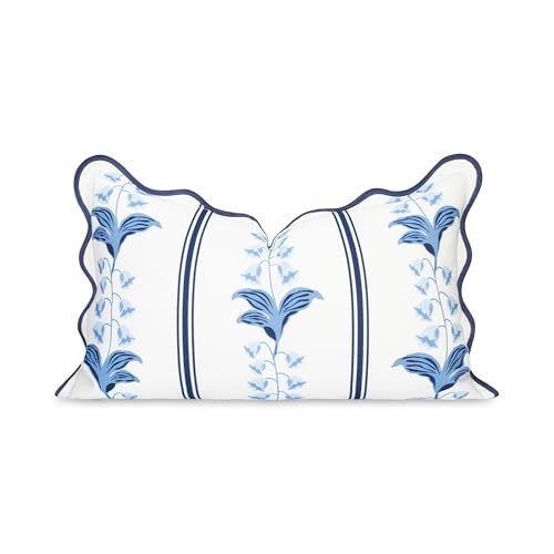 Hofdeco Premium Coastal Hampton Patio Indoor Outdoor Lumbar Pillow Cover Only 12x20 Water Repellent for Backyard Couch Poolside Azure Navy Blue Print Watercolor Striped Lily of the Valley - Image 1
