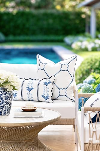 Hofdeco Premium Coastal Hampton Patio Indoor Outdoor Lumbar Pillow Cover Only 12x20 Water Repellent for Backyard Couch Poolside Azure Navy Blue Print Watercolor Striped Lily of the Valley - Image 3