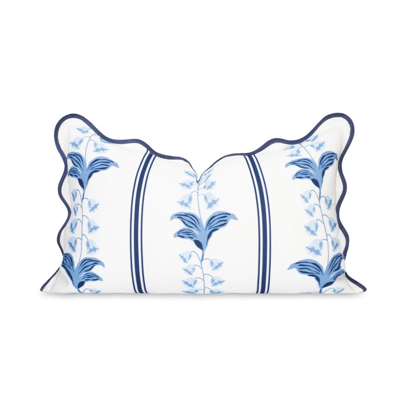 Hofdeco Premium Coastal Hampton Patio Indoor Outdoor Lumbar Pillow Cover Only 12x20 Water Repellent for Backyard Couch Poolside Azure Navy Blue Print Watercolor Striped Lily of the Valley - Image 2