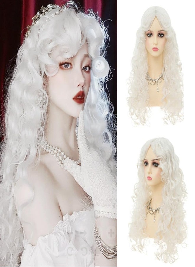 Dai Cloud White Long Curly Wigs for Women With bangs Synthetic Queen Princess Middle Part Hair Wig for Cosplay Halloween - Image 1