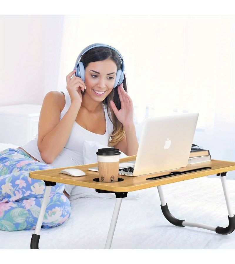 Portable Foldable Laptop Desk with Cup Holder Black Lightweight Compact Design for Bed Sofa Floor Use Ergonomic Angle Adjustment Includes Storage Compartment Side Pockets Durable Construction - Image 5