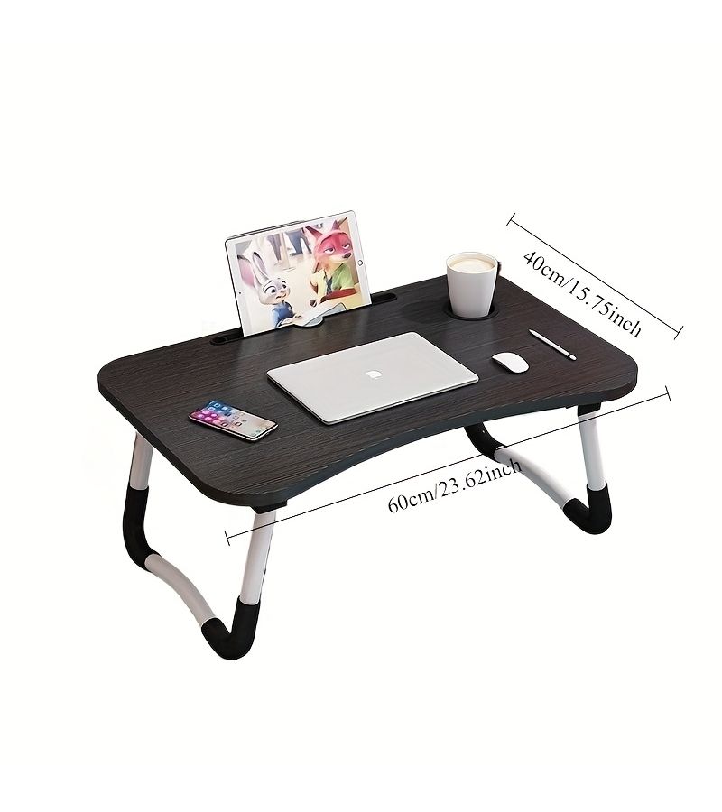 Portable Foldable Laptop Desk with Cup Holder Black Lightweight Compact Design for Bed Sofa Floor Use Ergonomic Angle Adjustment Includes Storage Compartment Side Pockets Durable Construction - Image 2