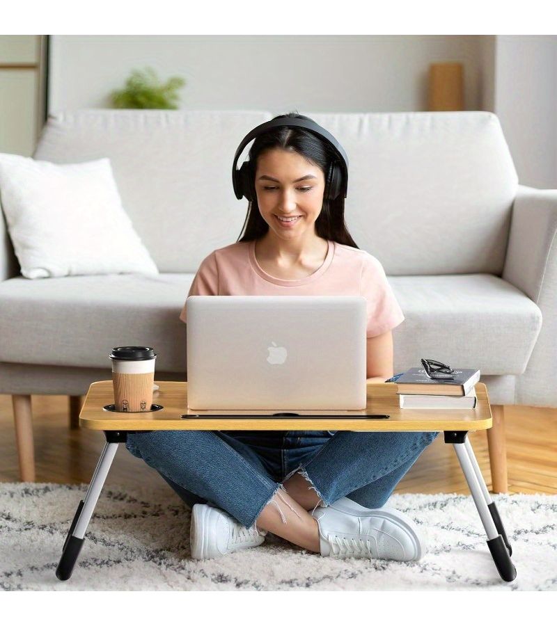Portable Foldable Laptop Desk with Cup Holder Black Lightweight Compact Design for Bed Sofa Floor Use Ergonomic Angle Adjustment Includes Storage Compartment Side Pockets Durable Construction - Image 1