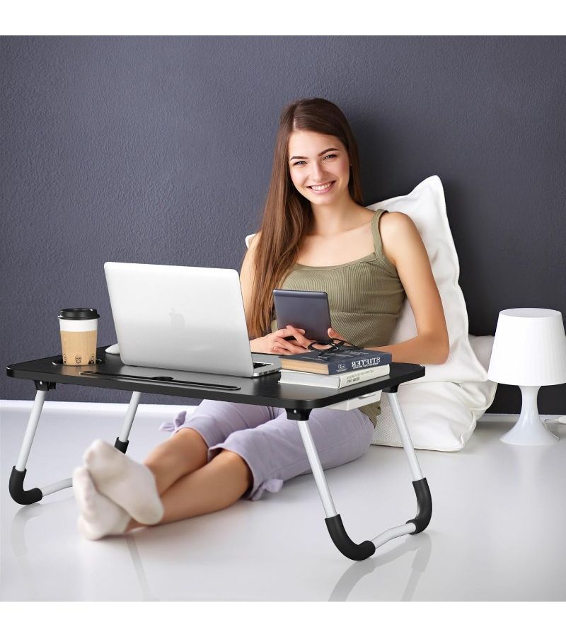 Portable Foldable Laptop Desk with Cup Holder Black Lightweight Compact Design for Bed Sofa Floor Use Ergonomic Angle Adjustment Includes Storage Compartment Side Pockets Durable Construction - Image 4