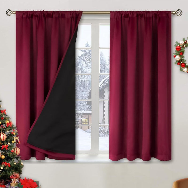 BGment Thermal Insulated 100 Blackout Curtains for Bedroom with Black Liner Christmas Double Layer Full Room Darkening Noise Reducing Rod Pocket Curtain 52 x 45 Inch Burgundy Red 2 Panels
