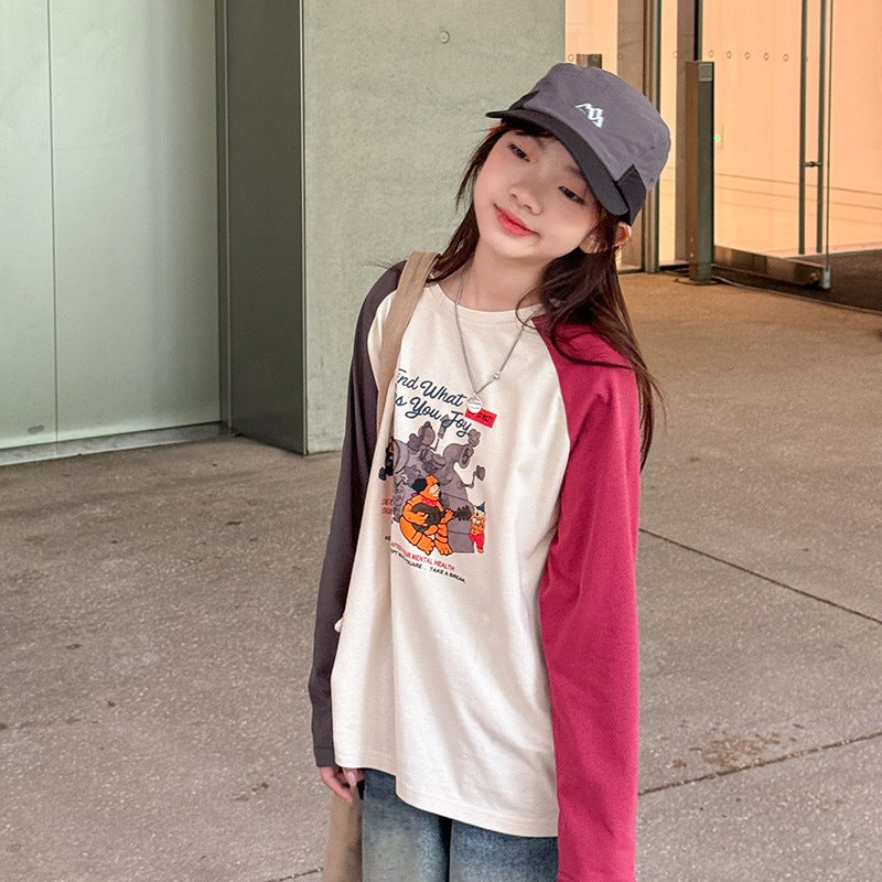 Girls' T-Shirt Autumn Style Middle And Big Kids Contrast Sleeve Cartoon Loose Long Sleeve Top Western Style Base Shirt Trendy - Image 1