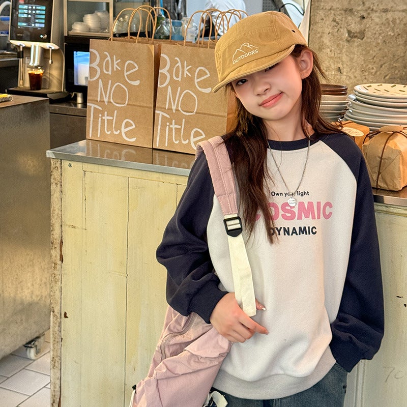 Girls' T-Shirt Autumn Style Middle And Big Kids Contrast Sleeve Cartoon Loose Long Sleeve Top Western Style Base Shirt Trendy - Image 4