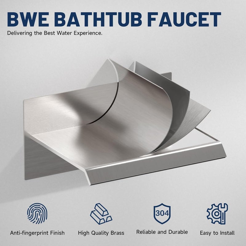 BWE Bathtub Faucet Brushed Nickel Waterfall Bathtub Faucet Wall Mounted Tub Spout Bathroom Tub Filler One Handle Shower Kit Rough-in Valve - Image 5