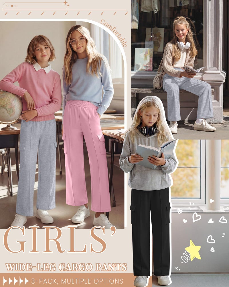 LessonZoo 3 Pack Girls Wide Leg Sweatpants Cargo Pants High Waisted Baggy Causal Loose Kids Elastic Waistband Pants Joggers(Pink, Light Gray, Black,5-6 Years) - Image 5