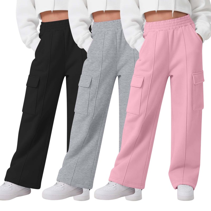 LessonZoo 3 Pack Girls Wide Leg Sweatpants Cargo Pants High Waisted Baggy Causal Loose Kids Elastic Waistband Pants Joggers(Pink, Light Gray, Black,5-6 Years) - Image 1
