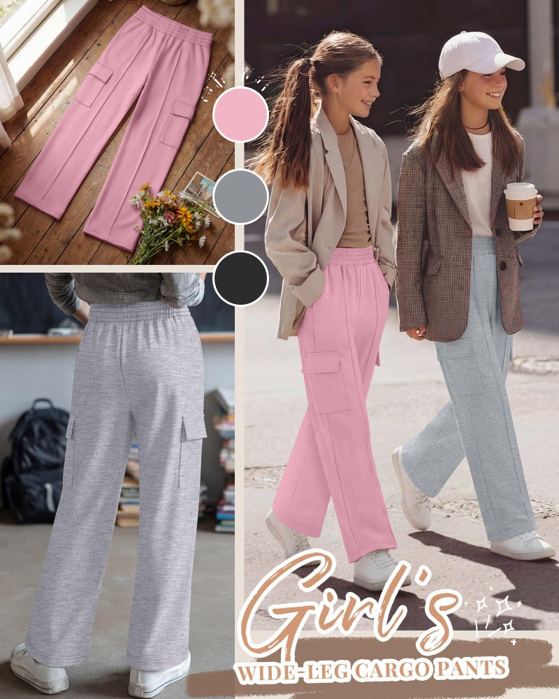 LessonZoo 3 Pack Girls Wide Leg Sweatpants Cargo Pants High Waisted Baggy Causal Loose Kids Elastic Waistband Pants Joggers(Pink, Light Gray, Black,5-6 Years) - Image 3