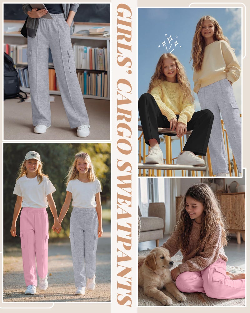 LessonZoo 3 Pack Girls Wide Leg Sweatpants Cargo Pants High Waisted Baggy Causal Loose Kids Elastic Waistband Pants Joggers(Pink, Light Gray, Black,5-6 Years) - Image 2