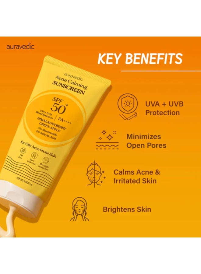 Auravedic Acne calming Sunscreen for Acne Prone Skin Pore Minimizing Sunscreen SPF 50 for Oily Skin with Himalayan Berry Green Apple 60ml - Image 3