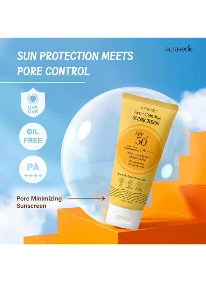 Auravedic Acne calming Sunscreen for Acne Prone Skin Pore Minimizing Sunscreen SPF 50 for Oily Skin with Himalayan Berry Green Apple 60ml - Image 2