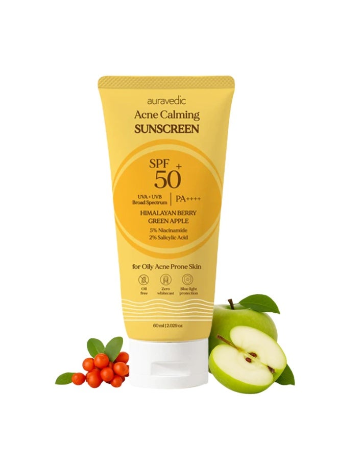 Auravedic Acne calming Sunscreen for Acne Prone Skin Pore Minimizing Sunscreen SPF 50 for Oily Skin with Himalayan Berry Green Apple 60ml - Image 1