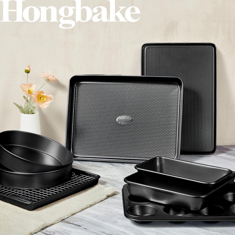 HONGBAKE 9-Piece Baking Pans Set Nonstick, Stackable Non Toxic Bakeware Sets with Diamond Texture, Oven Pan Set for Cooking, Includes Cookie Sheet with Rack, Cake Pan, Roasting Pan, Muffin Tin, Gray - Image 2