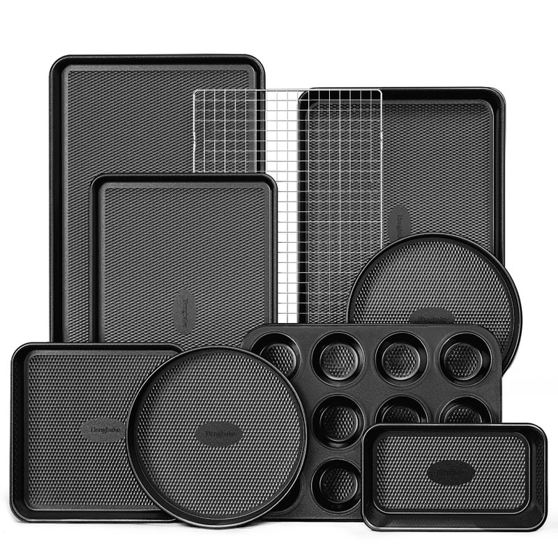 HONGBAKE 9-Piece Baking Pans Set Nonstick, Stackable Non Toxic Bakeware Sets with Diamond Texture, Oven Pan Set for Cooking, Includes Cookie Sheet with Rack, Cake Pan, Roasting Pan, Muffin Tin, Gray - Image 1