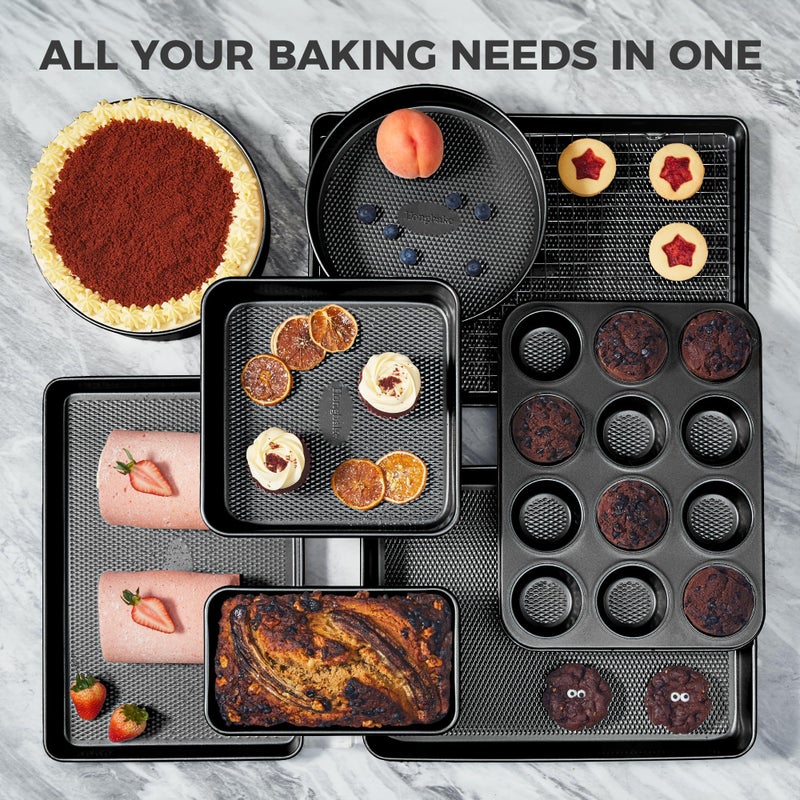 HONGBAKE 9-Piece Baking Pans Set Nonstick, Stackable Non Toxic Bakeware Sets with Diamond Texture, Oven Pan Set for Cooking, Includes Cookie Sheet with Rack, Cake Pan, Roasting Pan, Muffin Tin, Gray - Image 4