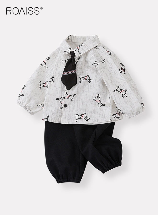 roaiss Baby Boys Shirt and Pants Set with Necktie, Toddlers Spring and Autumn Outfit with Adorable Patterns, Long Sleeve Button Down Top and Elastic Waist Pants, 2 Piece Comortable Clothing Set for Toddlers, Suitable for Daily Wear and Outdoor Activities - Image 2