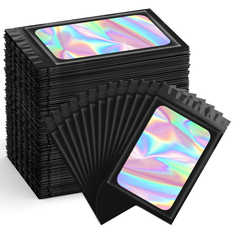 Funfery 300 Pack Smell Proof Resealable Bags for Food Storage,Holographic Bags 4x6 Black Mylar Clear Packaging Bag- Scent Proof for Cookies, Zip Foil Pouch for Small Business, trading card - Image 1