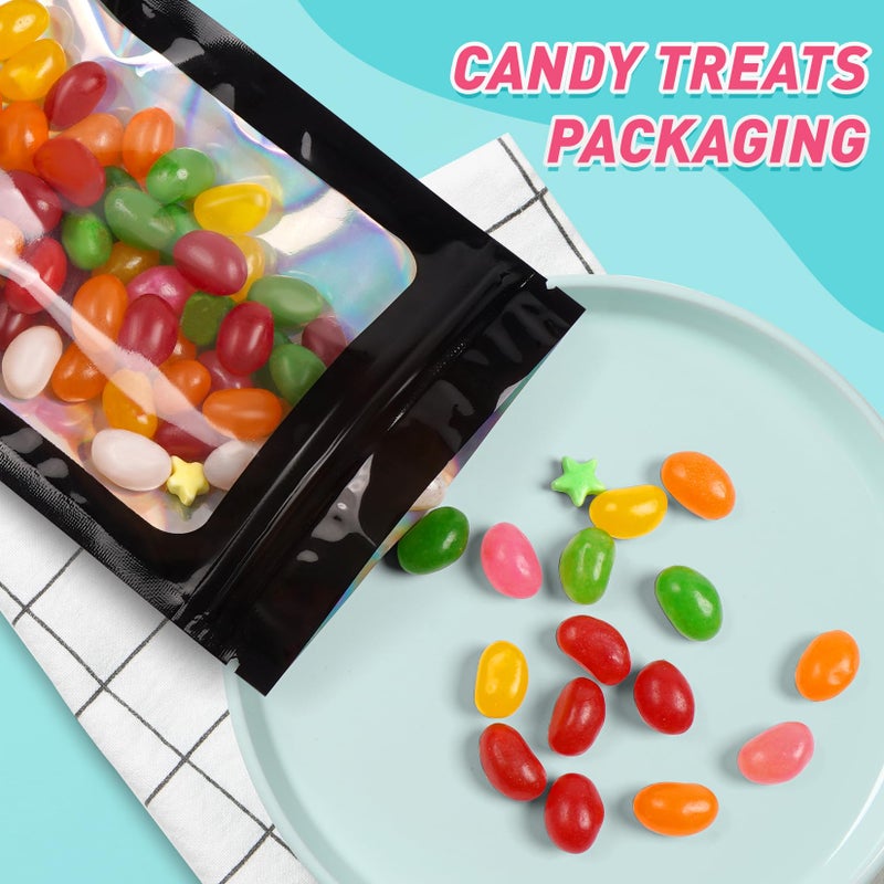 Funfery 300 Pack Smell Proof Resealable Bags for Food Storage,Holographic Bags 4x6 Black Mylar Clear Packaging Bag- Scent Proof for Cookies, Zip Foil Pouch for Small Business, trading card - Image 3
