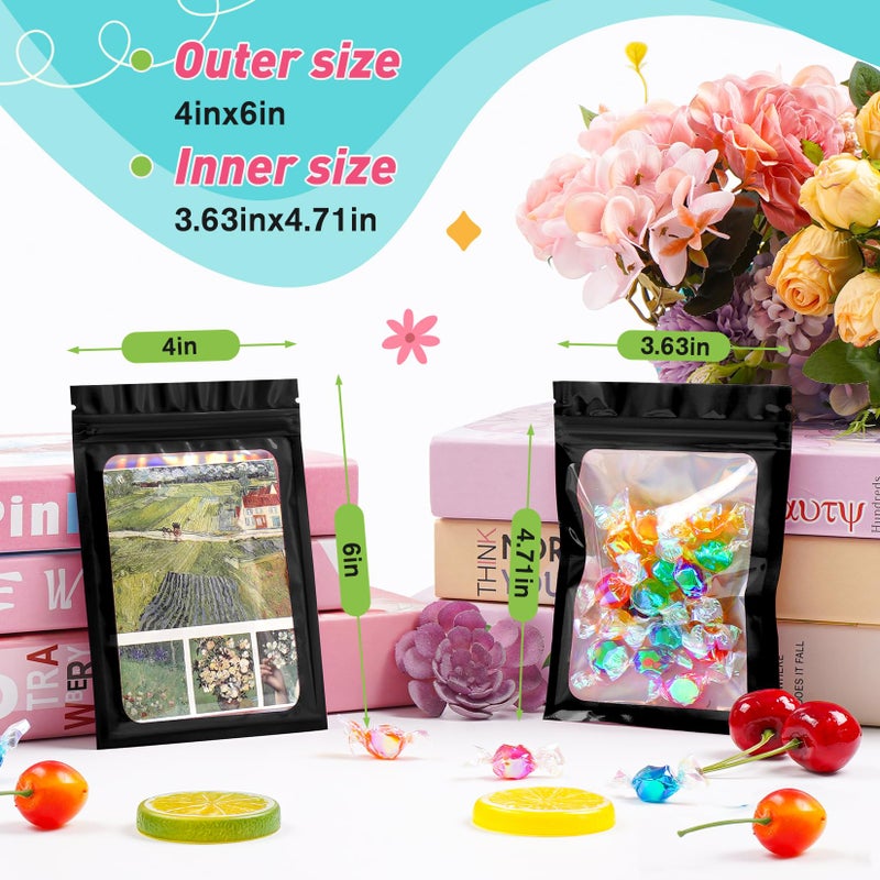 Funfery 300 Pack Smell Proof Resealable Bags for Food Storage,Holographic Bags 4x6 Black Mylar Clear Packaging Bag- Scent Proof for Cookies, Zip Foil Pouch for Small Business, trading card - Image 2