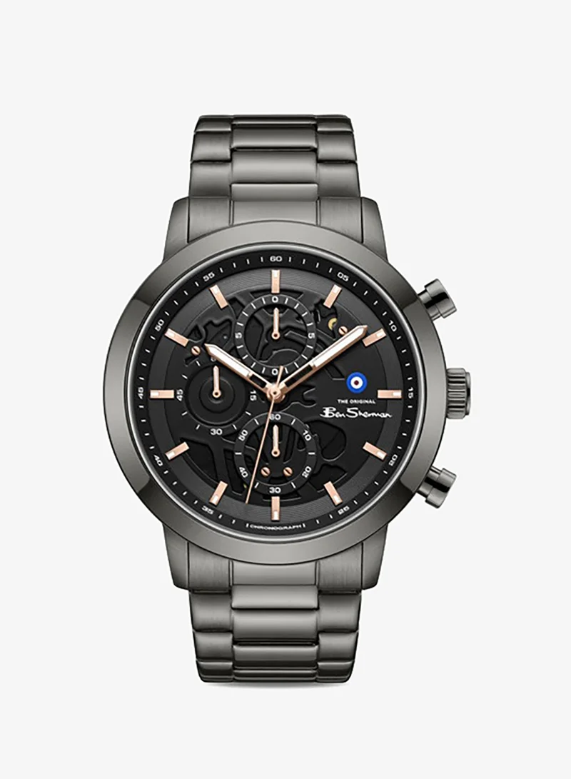 Ben Sherman Nottingham Black Dial Black Stainless Steel Bracelet Chronograph Watch for Men, 44mm