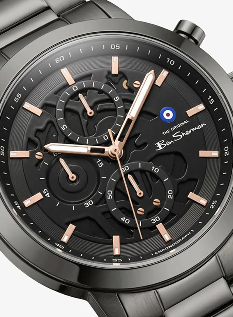 Ben Sherman Nottingham Black Dial Black Stainless Steel Bracelet Chronograph Watch for Men, 44mm