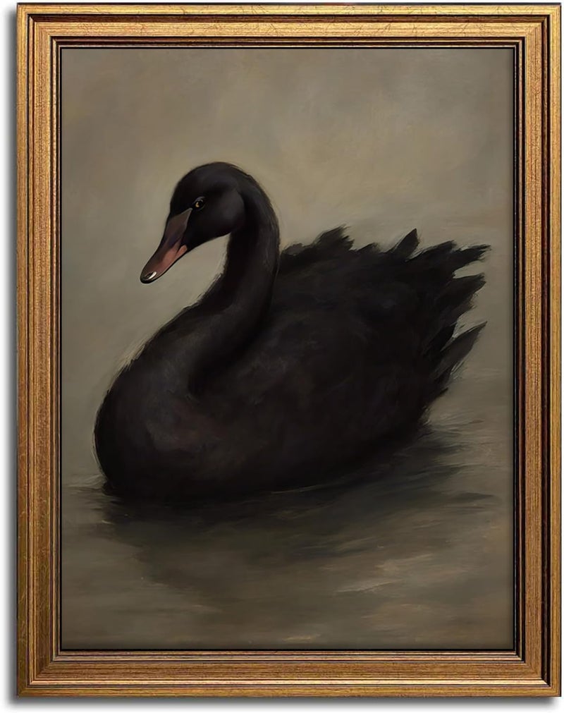 Aroutde Swan Pictures Wall Decor for Living Room, Vintage Gold Framed Black Swan Printing Canvas Wall Art, Rustic Farmhouse Animal Picture for Home Bedroom Bathroom Decoration (16L''x12W'', Framed) - Image 1