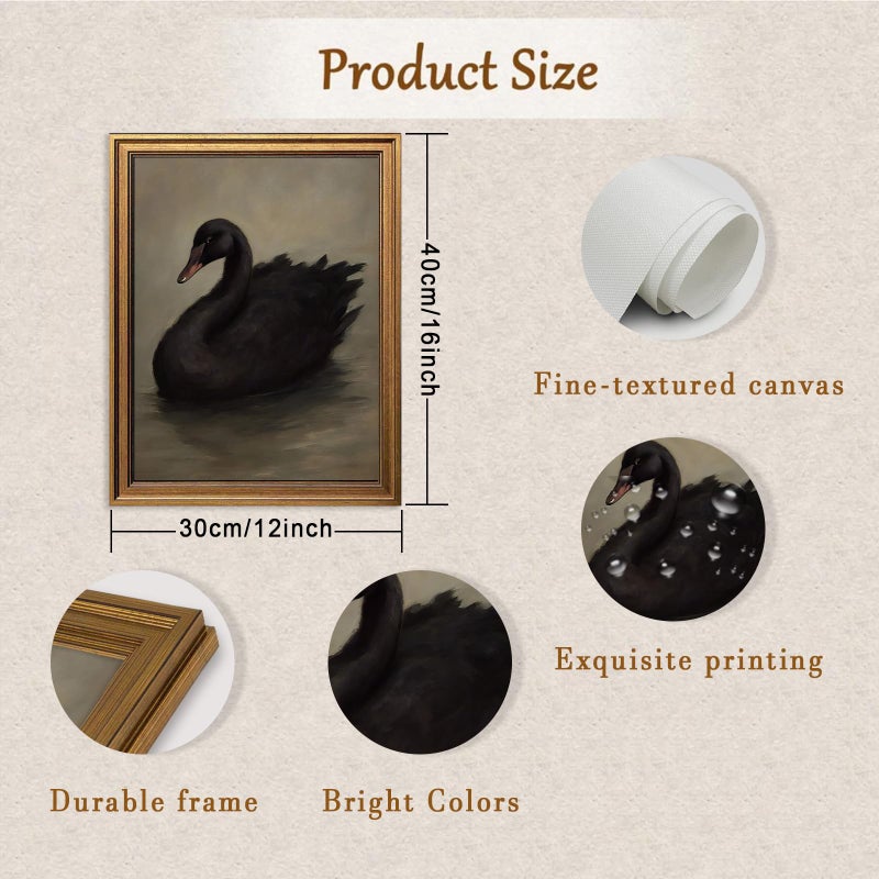 Aroutde Swan Pictures Wall Decor for Living Room, Vintage Gold Framed Black Swan Printing Canvas Wall Art, Rustic Farmhouse Animal Picture for Home Bedroom Bathroom Decoration (16L''x12W'', Framed) - Image 3