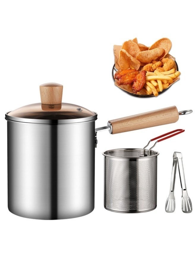 WALALLA 3L Deep Fryer Pot with Strainer Basket and Lid, 304 Stainless Steel Oil Filter Frying Pot with Wooden Handle, Induction Compatible Mini Fryer with Tongs for French Fries Tempura Chicken and Home Cooking - Image 1