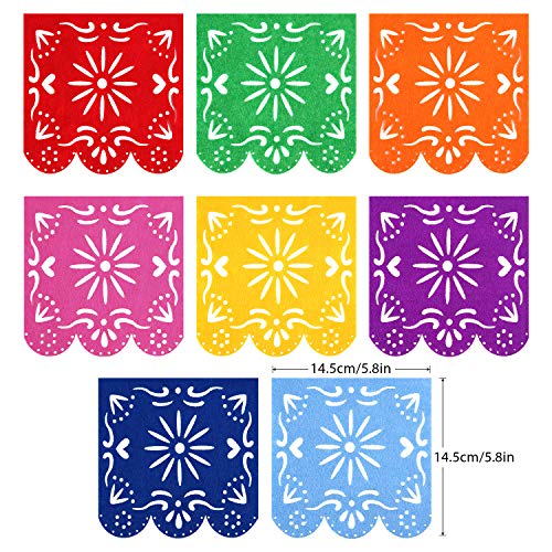 Zonon 16 Pieces Fiesta Party Decorations Hispanic Heritage Month Decorations, 1 Serape Table Runner, 6 Colorful Paper Fans Round Wheel Disc, 8 Pom Poms Flowers, 1 Felt Papel Picado Banner for Cinco De Mayo - Image 2